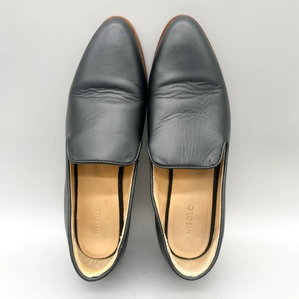 Nisolo Womens 8.5 Everyday Slip On Loafers Black Leather Flat Minimalist Office